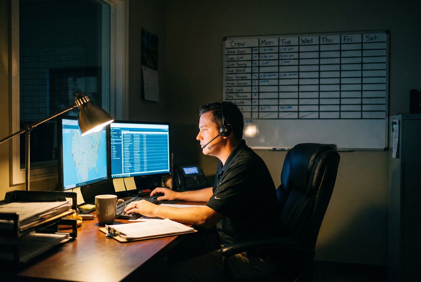 Shield Restoration dispatch desk at night in Erie, PA