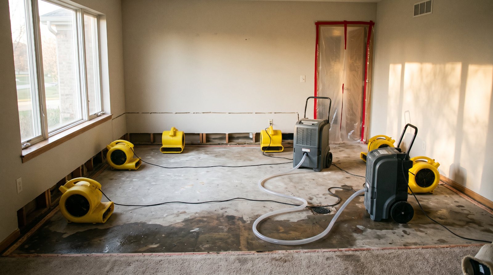 Air movers and commercial dehumidifiers running in an Erie, PA home