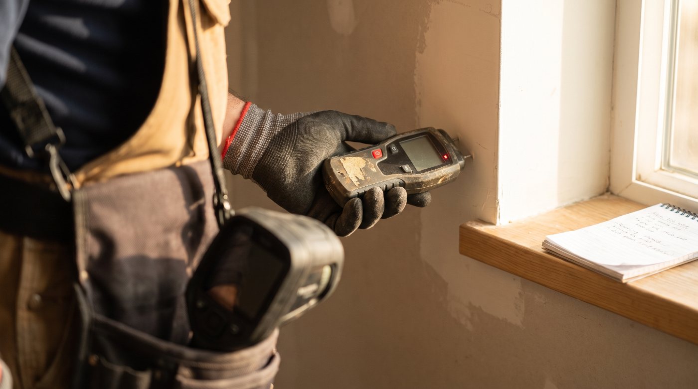 Technician taking a moisture reading with a handheld meter