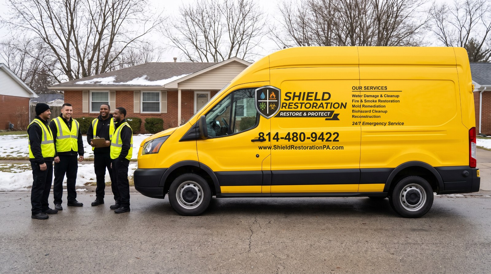 The Shield Restoration crew with their branded van at an Erie job