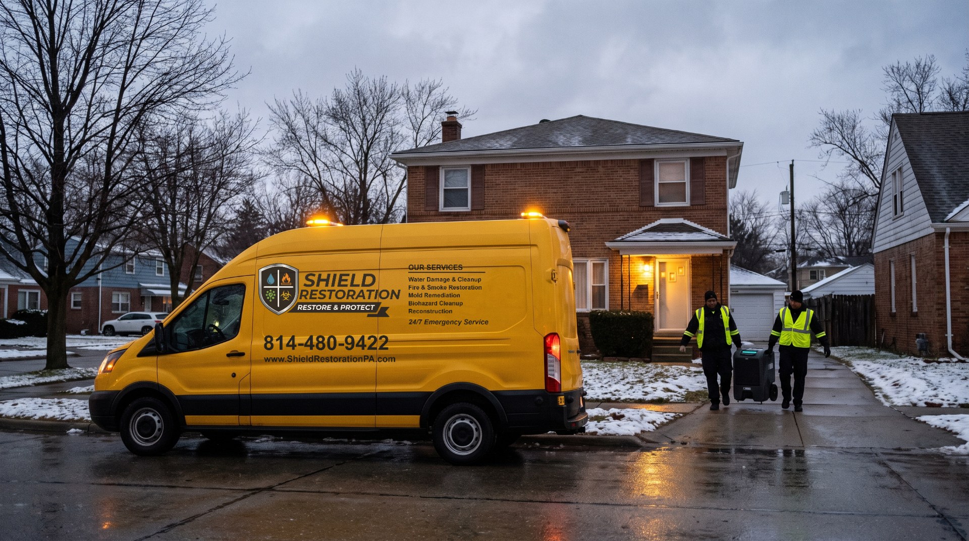 Shield Restoration technicians unloading drying equipment at an Erie, PA home at dusk
